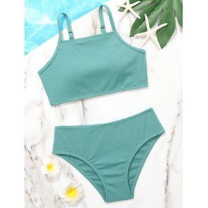 SHEIN🌺Girls Rib Green Solid Bikini Swimsuit👙160(13-14Y)